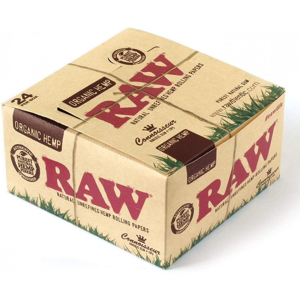 RAW Organic Connoisseur King Size Slim papers with tips made from organic natural fibers in a convenient all-in-one rolling format.