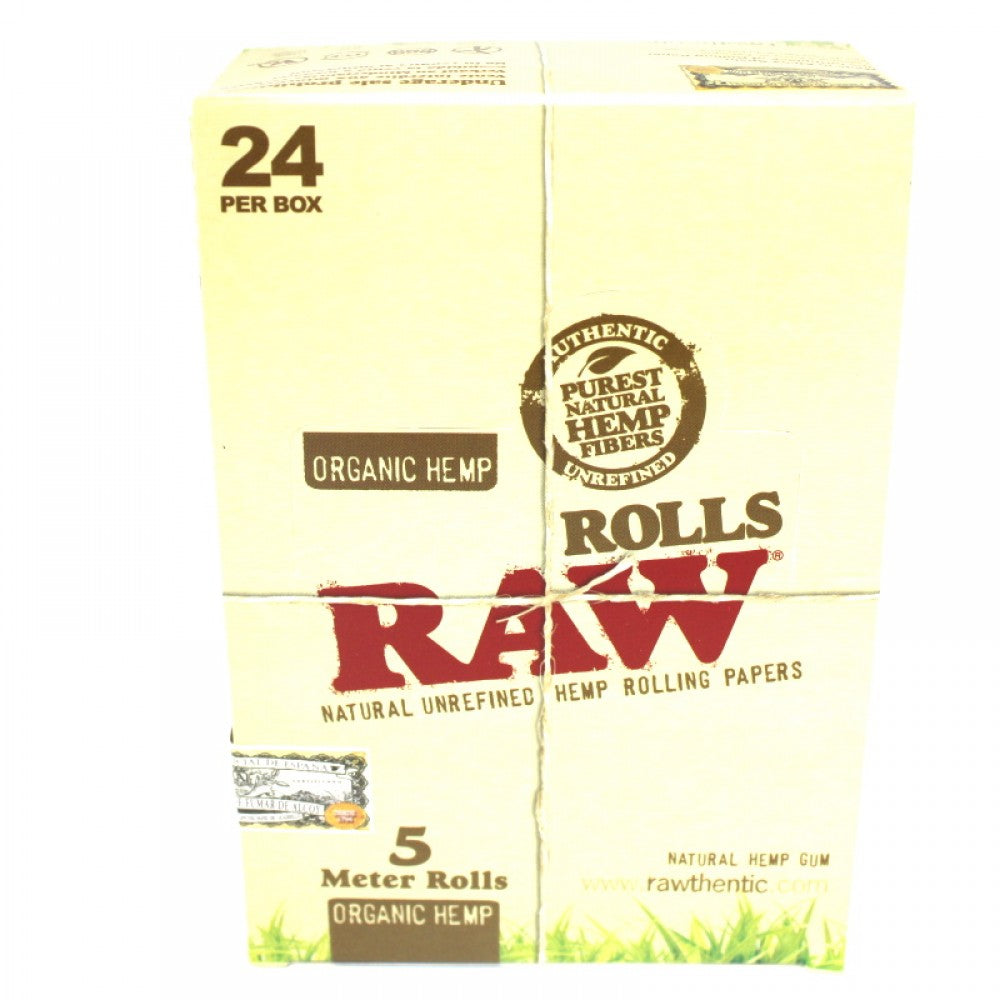 RAW Organic Hemp 5 Meter Rolls made from organic hemp fibers, featuring customizable paper length and 24 rolls per box.