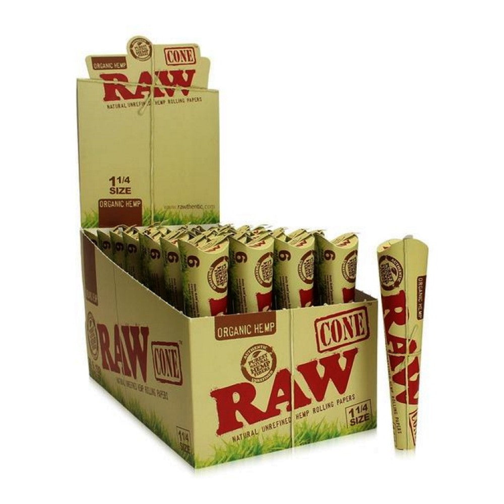 RAW Organic Hemp Cones 1 1/4 Size featuring 32 packs per box, 6 pre-rolled cones per pack, and 192 total cones made from natural hemp paper.