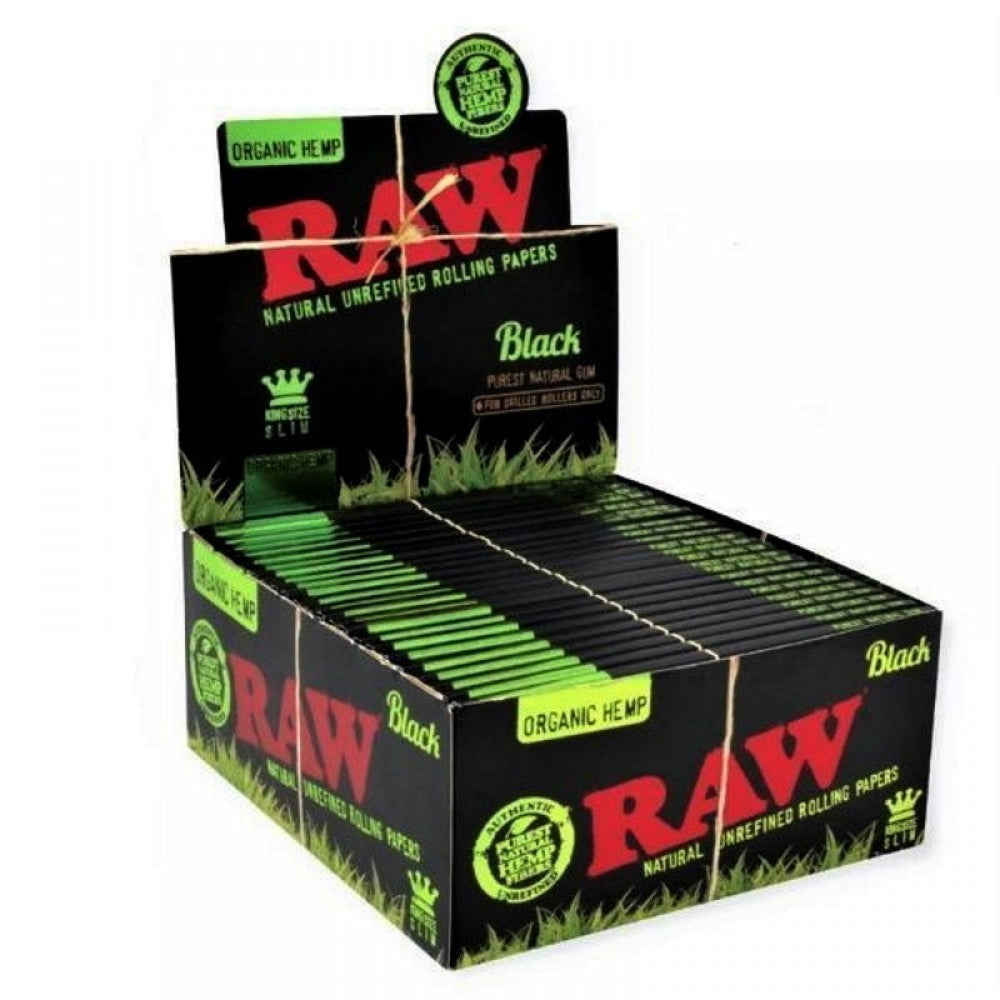 RAW Organic Hemp King Size Slim rolling papers made from organic hemp fibers with a slow and even burn, 50 packs per box.