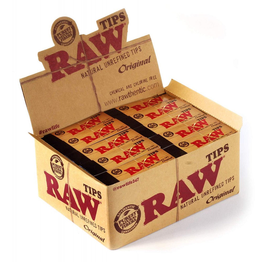 RAW Original tips 50 per pack made from natural unrefined paper with pre-cut design for easy rolling and filter support.