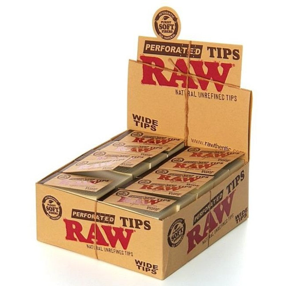 RAW Perforated Wide Tips 50 count per box made from natural unrefined paper with easy-fold perforated design.