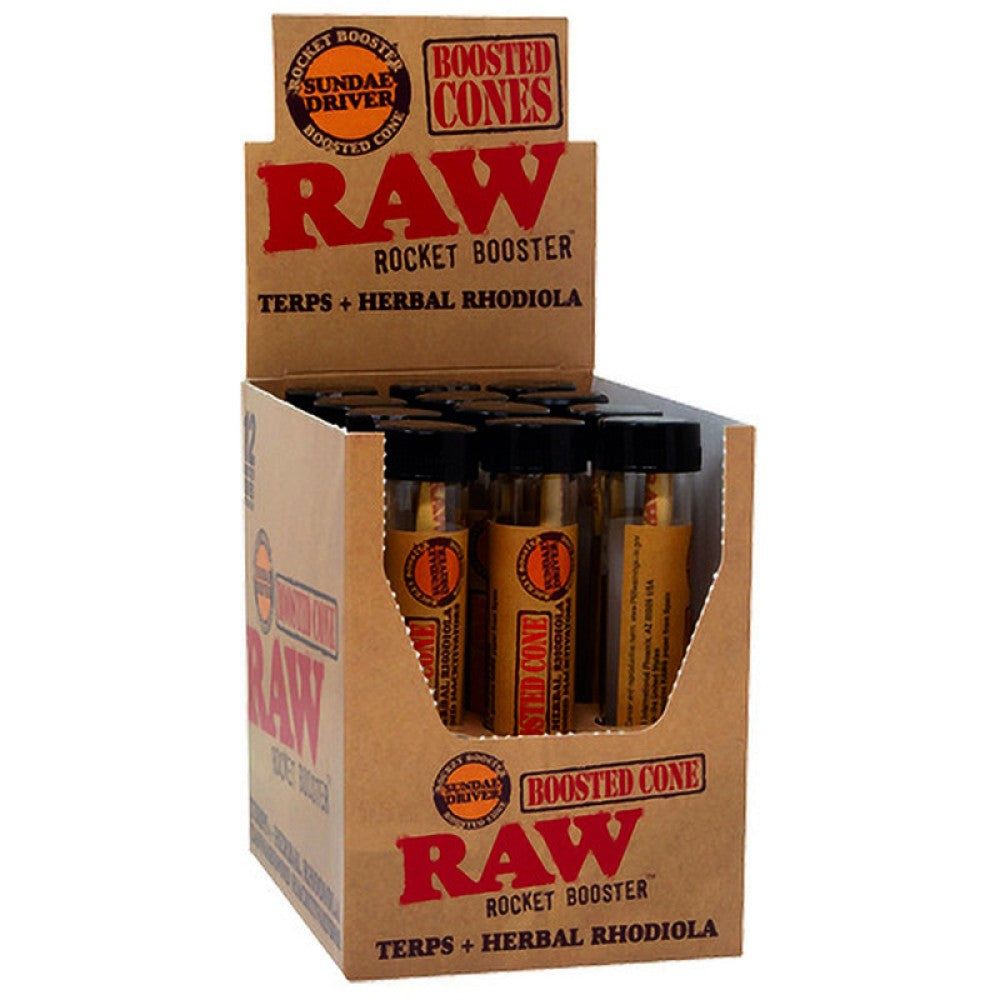 RAW Rocket Booster Cones 12 boosted cones per display, featuring pre-rolled cone design for convenient preparation and a consistent smoking experience.