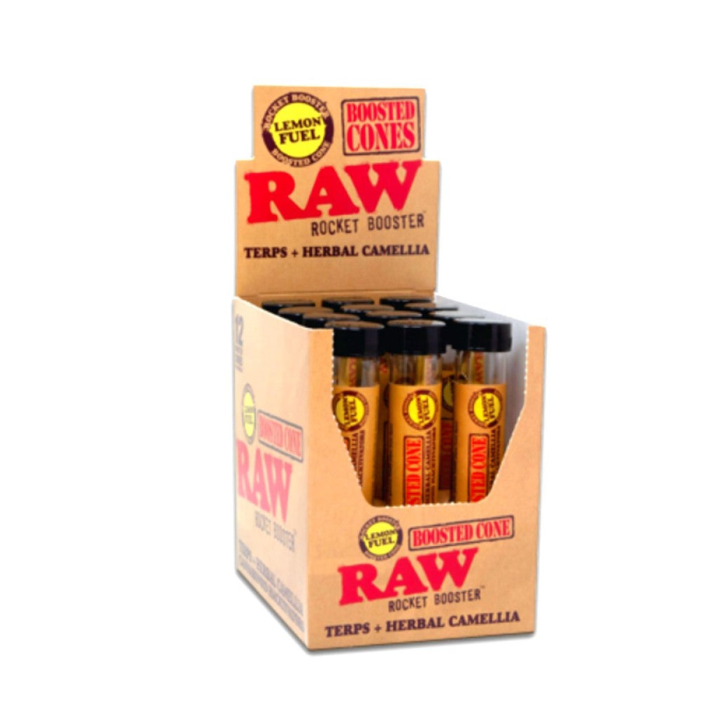 RAW Rocket Booster pre-rolled cones 12 count display, designed for convenience and consistency with premium quality cone construction and retail-ready packaging.