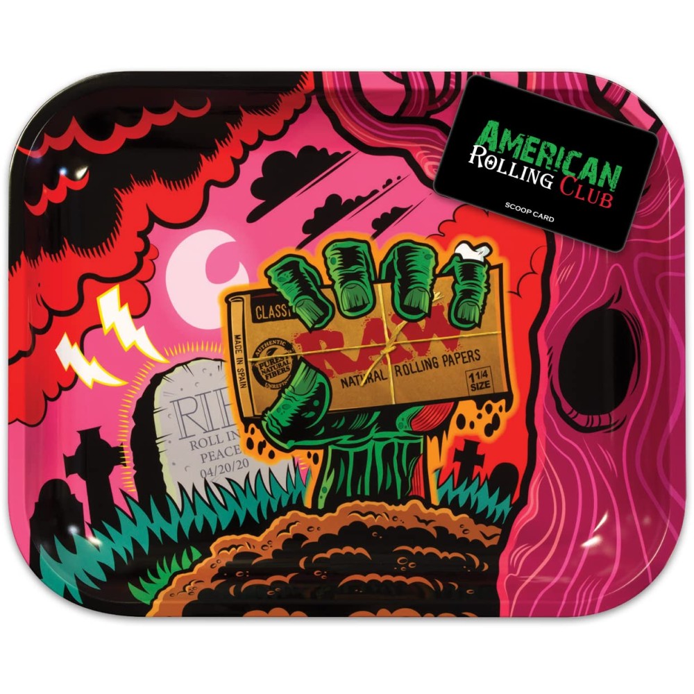 RAW Zombie rolling tray large size 14x11 inches, durable metal rolling tray with zombie-themed design for organizing rolling papers and smoking accessories.