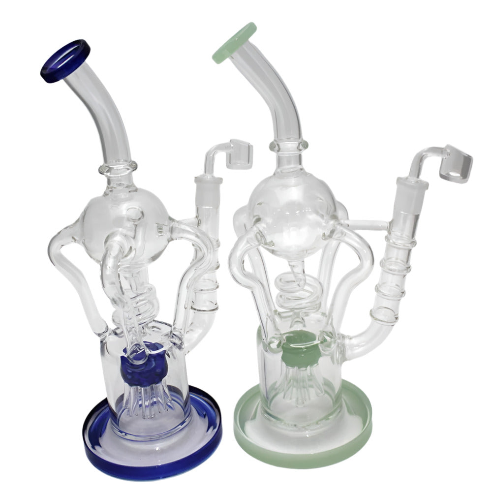 Recycle 4 handle coil design water pipe with colored tube accents, durable glass construction, and 14mm male banger for smooth airflow.