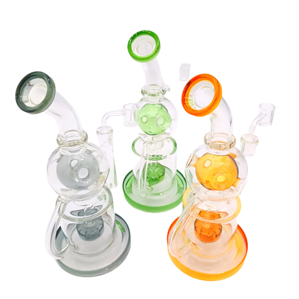 Recycle with design water pipe made from durable borosilicate glass featuring multi-chamber recycler system for smooth, cooled, and filtered vapor hits.