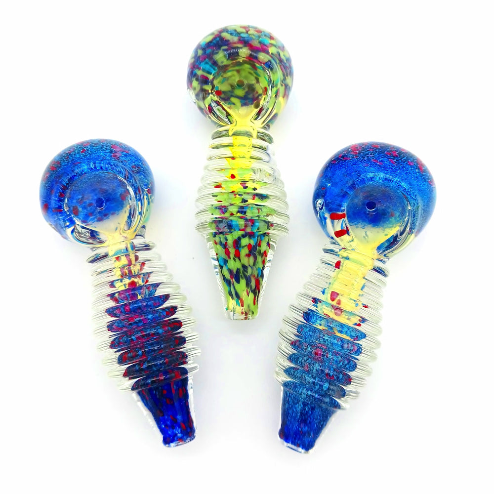 Ribbed design heavy duty glass hand pipe featuring textured grip detailing, thick durable glass construction, and compact handheld design for smooth use.