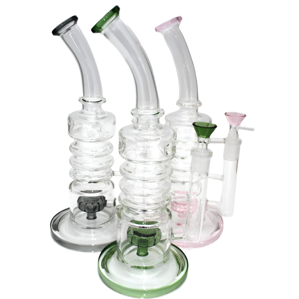 Ribbed neck design water pipe made from durable glass with textured grip and stable base for smooth airflow performance.