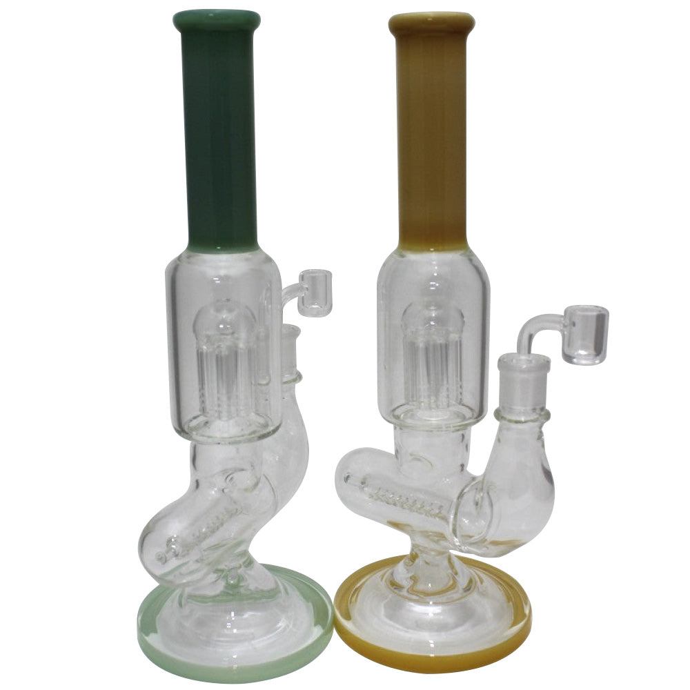 Roller inline design water pipe with tree percolator, colored tube accents, heavy-duty glass construction, and 18mm male banger.