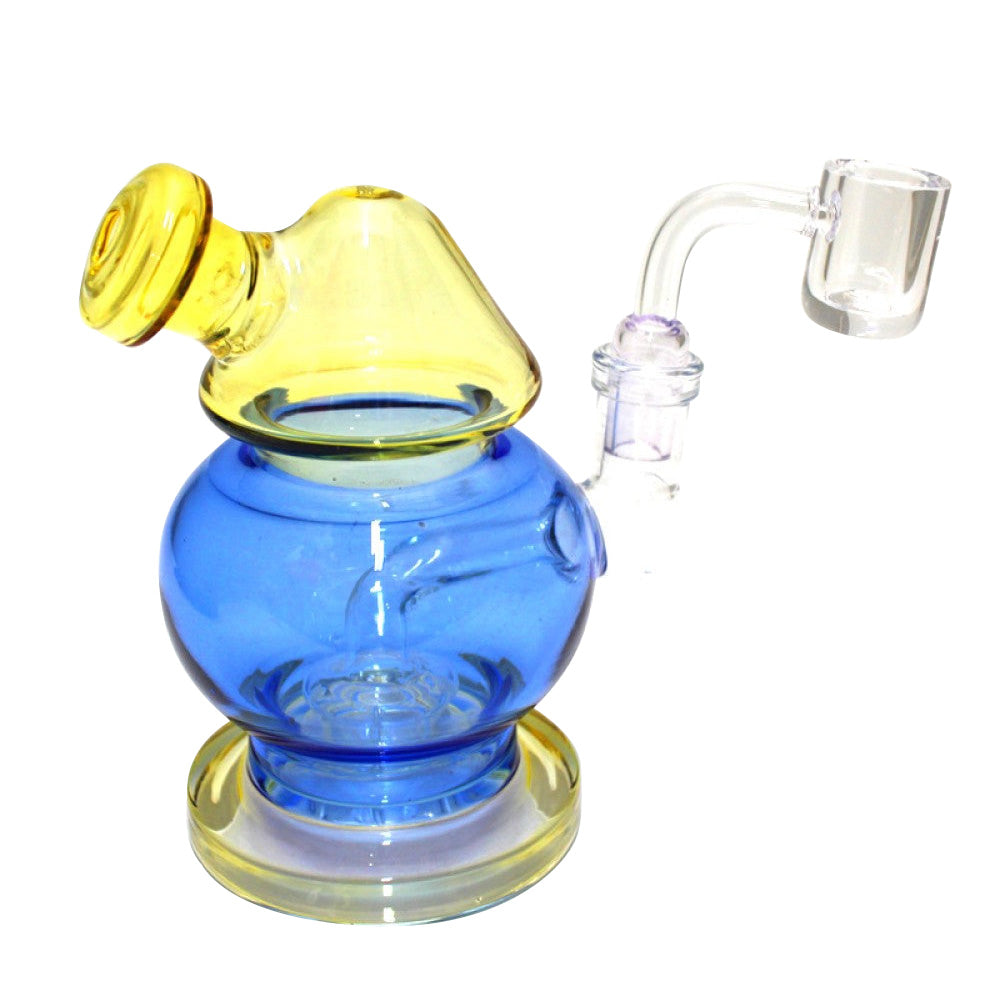 Round design dab rig water pipe with 14mm male banger, durable glass build and smooth water filtration for efficient dabbing experience.