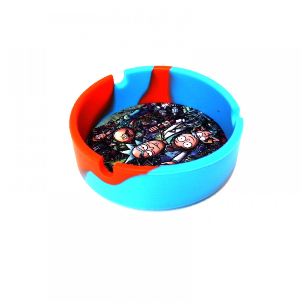 Round silicone ashtray with decal print design, durable heat-resistant and flexible tray with deep grooves for easy cleaning and everyday use.