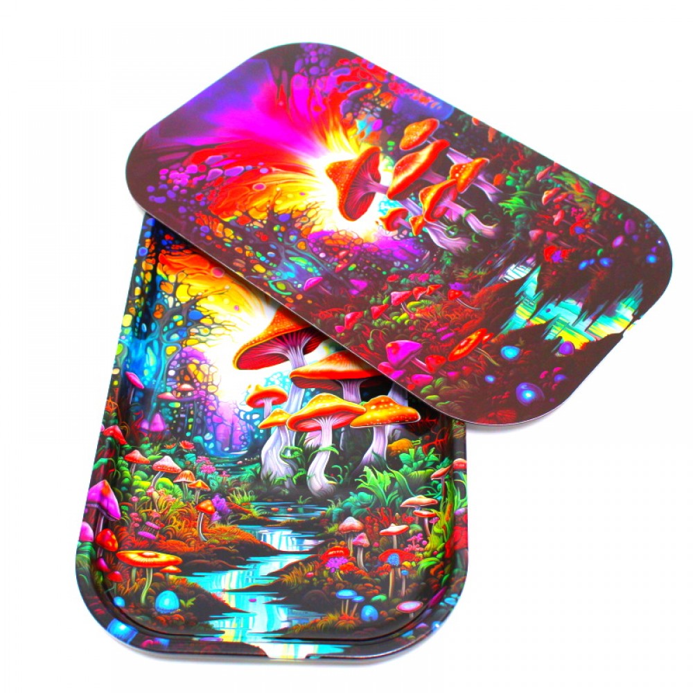 RTLM 2 Part magnetic metal rolling tray with decal design, medium size 10.5x6 inch, durable smooth surface, and secure magnetic lid closure.