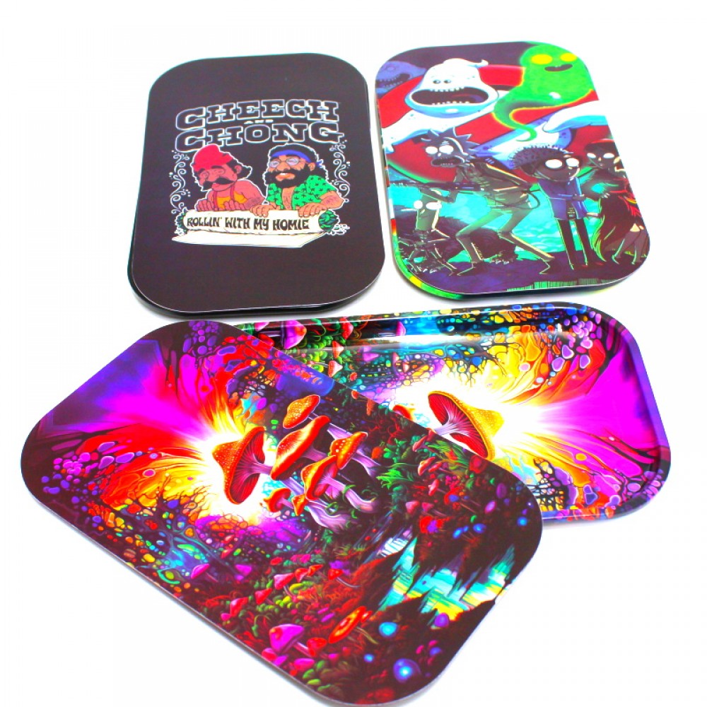 RTLM Magnetic 2 Part Decal Metal Rolling Tray with Lid medium size 10.5x6 inch, durable metal body, smooth surface, and magnetic secure closure design.