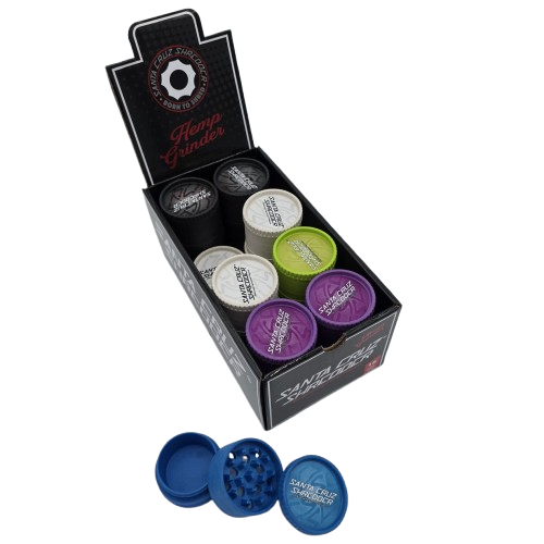Santa Cruz 3-piece hemp grinder set with 16 pieces per box, durable design with sharp teeth for smooth and efficient grinding of herbs and materials.