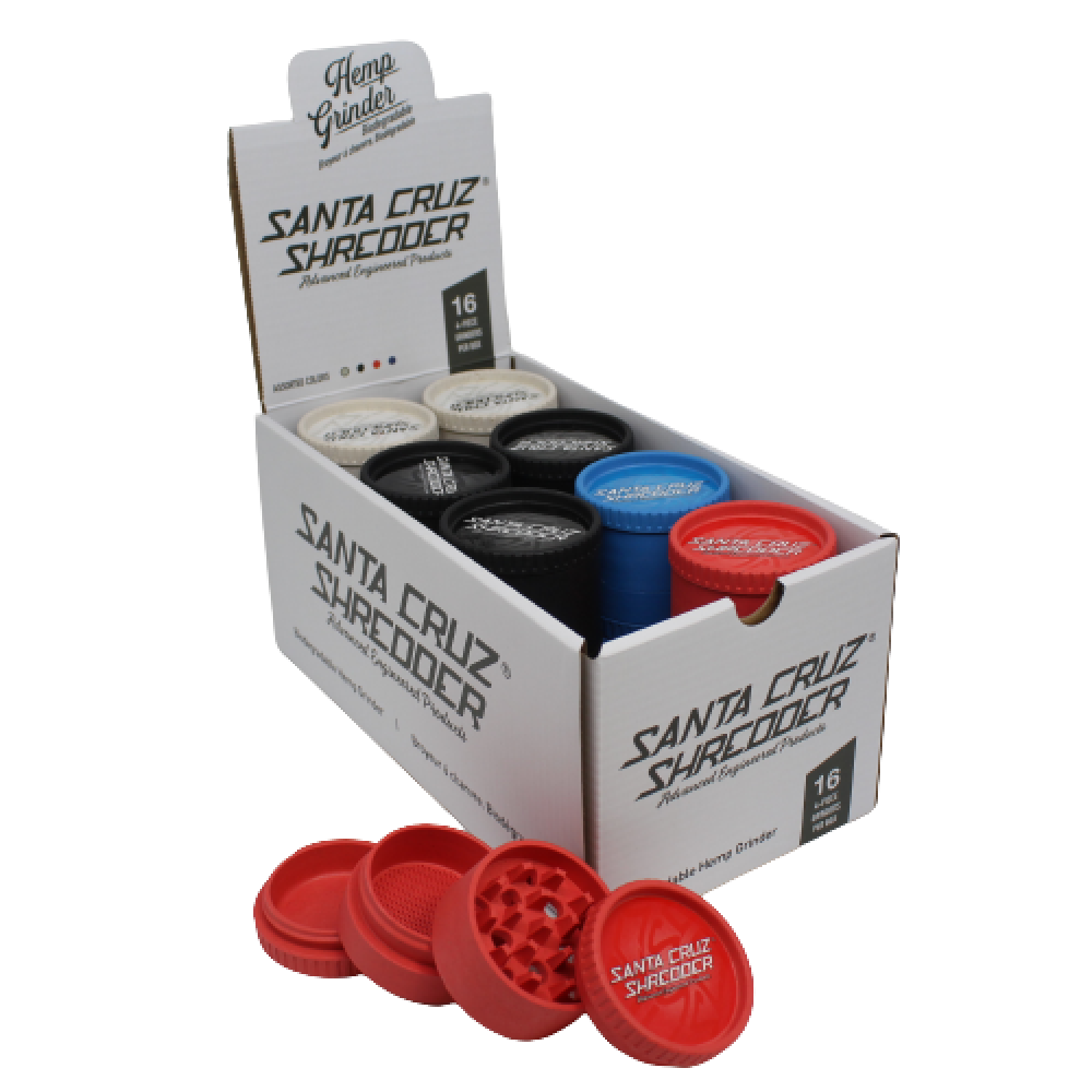 Santa Cruz Shredder style 4-part hemp grinder 16-piece wholesale pack with durable construction, sharp teeth, and smooth grinding performance.