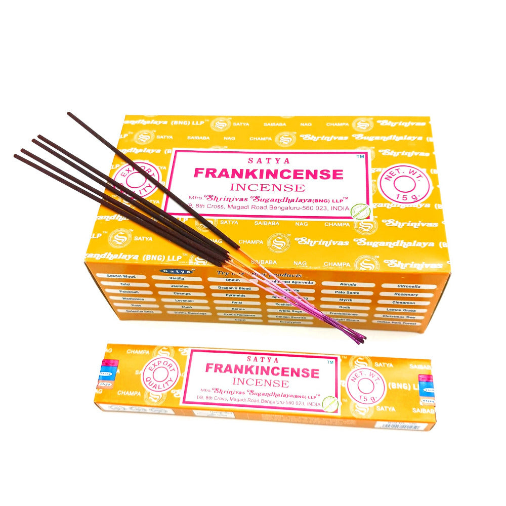Satya Frankincense incense sticks 12 per pack, offering a rich aromatic fragrance ideal for meditation, relaxation, and creating a calming spiritual atmosphere.