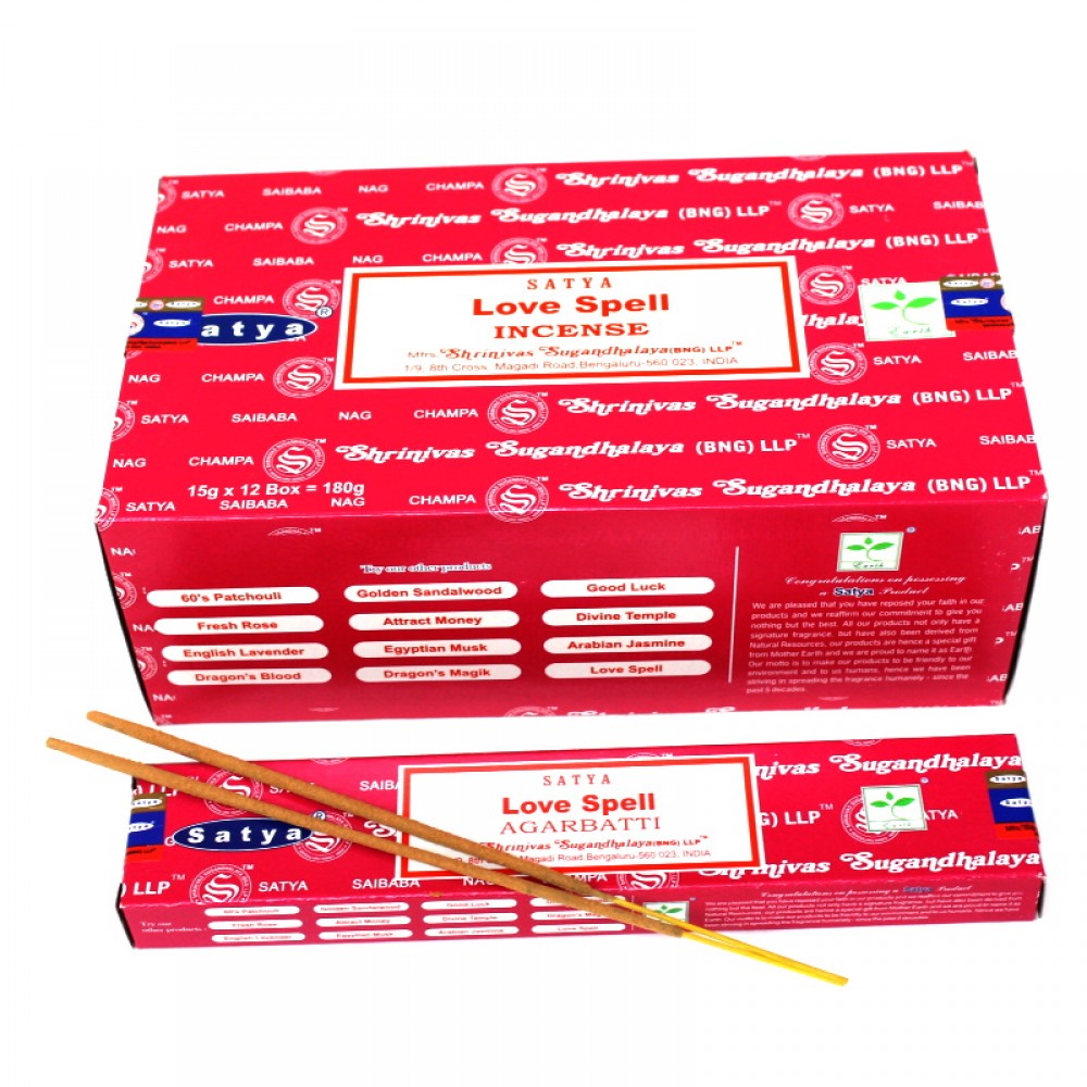 Satya incense 15g x 12 box multipack display with natural aromatic sticks.