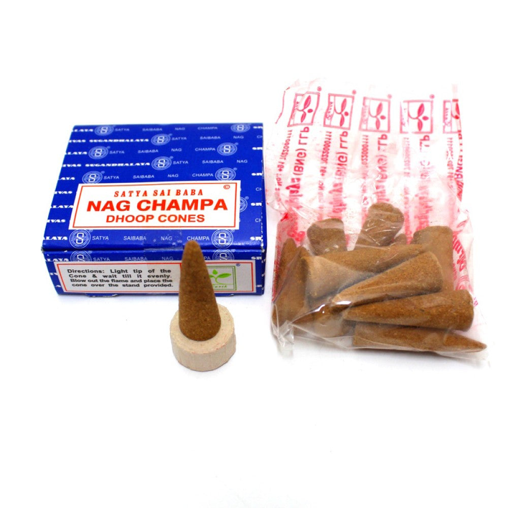 Satya Sai Baba Nag Champa Dhoop Cones 12 pack aromatic incense cones with rich traditional floral fragrance ideal for meditation prayer and relaxation.