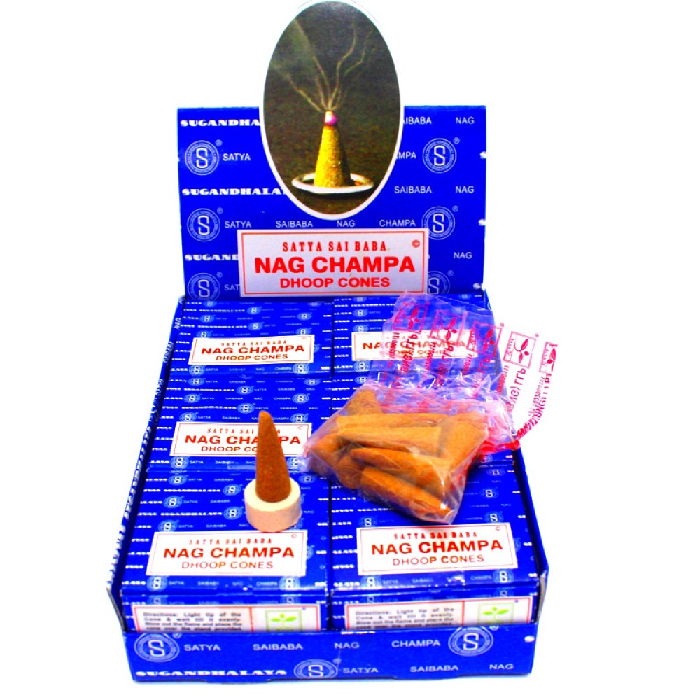 Satya Sai Baba Nag Champa Dhoop Cones 12 per pack traditional aromatic incense cones rich floral fragrance ideal for meditation prayer and relaxation use.