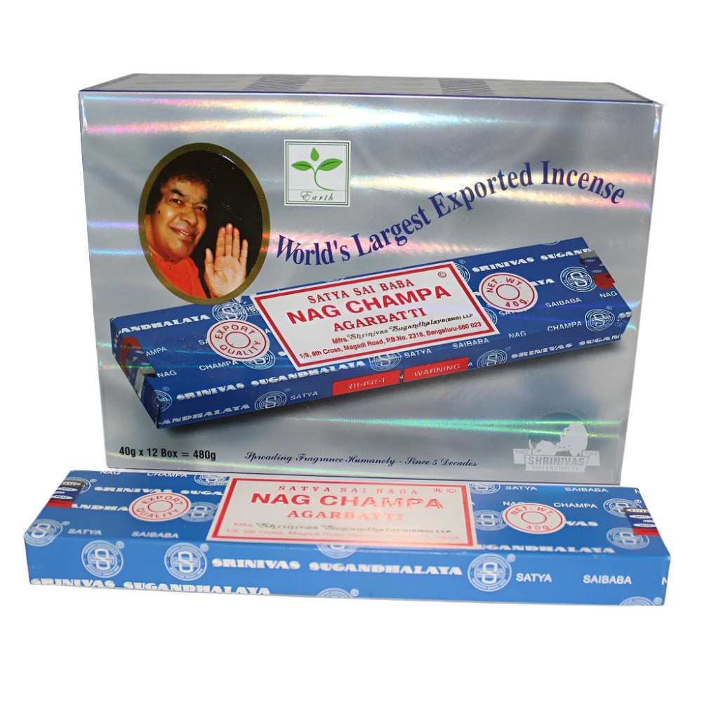 Satya Sai Baba Nag Champa Incense 40g x 12 box 480g bulk pack traditional aromatic incense sticks rich floral fragrance for meditation and relaxation use.