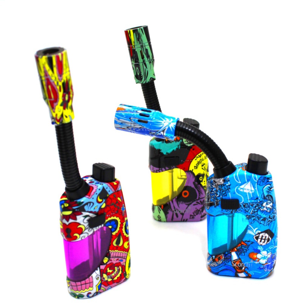 Scorch Torch 61685 bendable torch display pack 9 pieces assorted leaf and 420 themed designs durable refillable lighter with adjustable flexible flame for utility applications
