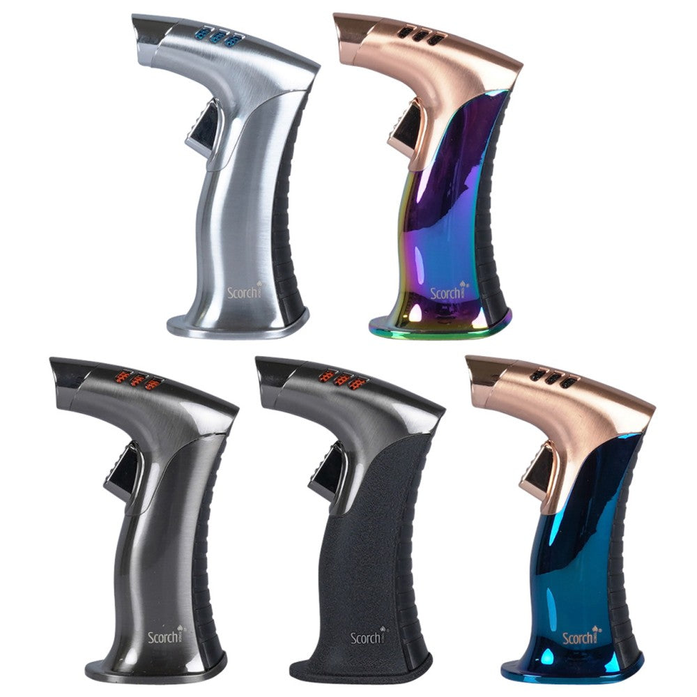 Scorch Torch 45 degree turbo jet Model 61518, durable metal torch with powerful wind-resistant flame, ergonomic design, 9 pcs display pack for retail.