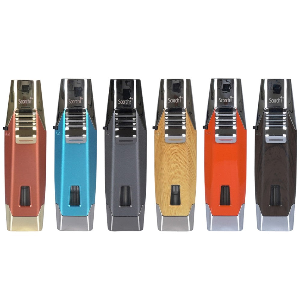 Scorch Torch model 61579 dual jet flame torch 9 per display, durable refillable metal body with strong and precise ignition flame design.