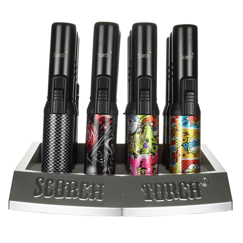 Scorch Torch model 61664 black graffiti and leaf design 12 pieces per display refillable butane torch lighter with bold printed design and strong adjustable flame for multipurpose use