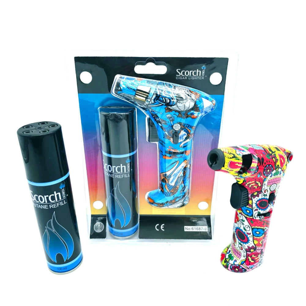 Scorch Torch 61687 blister combo butane refill single flame torch lighter with powerful wind-resistant flame and ergonomic design.