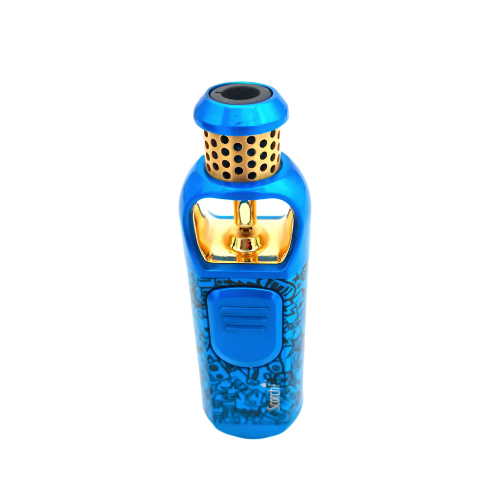 12 count Scorch Torch 61795 standing hold button torch lighters bulk pack, refillable lighters with stable base, continuous flame, and durable fancy design.