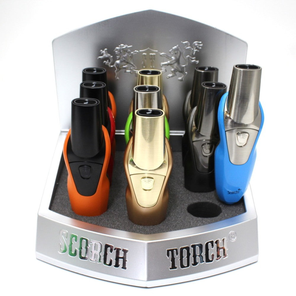 Scorch Venus Torch 61592 push/hold button torch 55.5 inch assorted colors, durable metal build, strong flame and 9 per display for retail use.