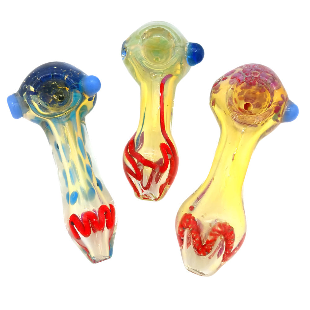 See through dotted color heavy duty glass hand pipe with durable compact design, colorful dot accents, and smooth airflow for clean smoking experience.