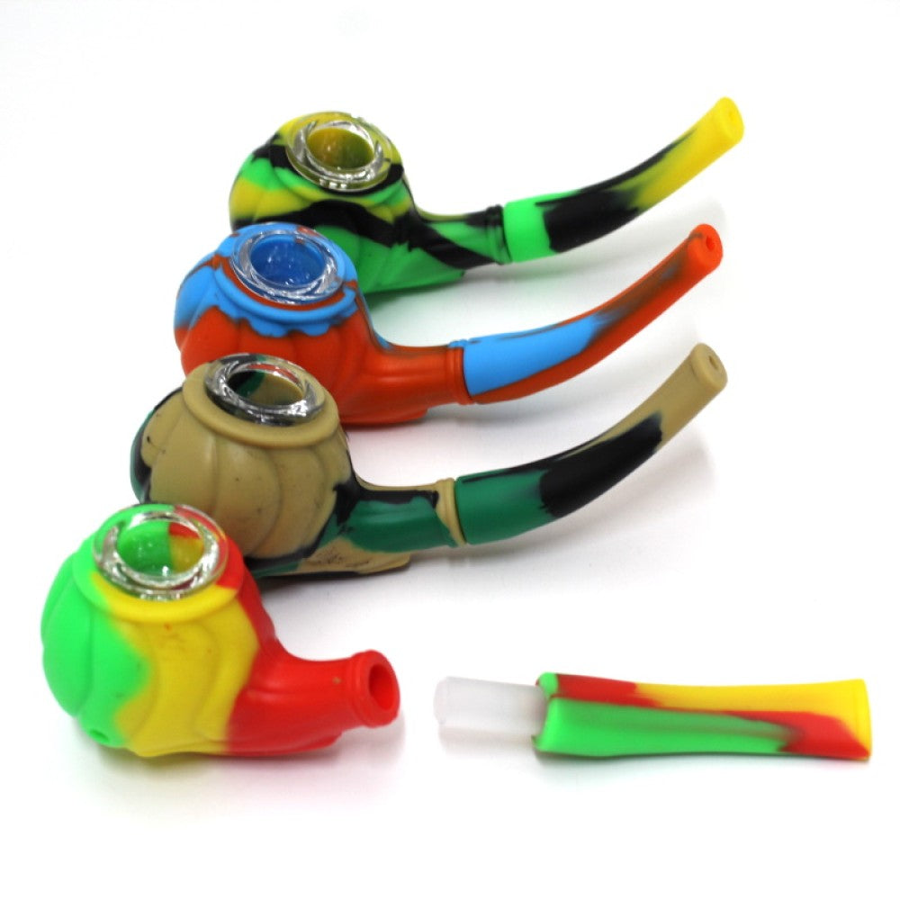 Colorful silicone Sherlock-style hand pipe with removable glass bowl, durable heat-resistant body, and ergonomic curved design for easy handling.