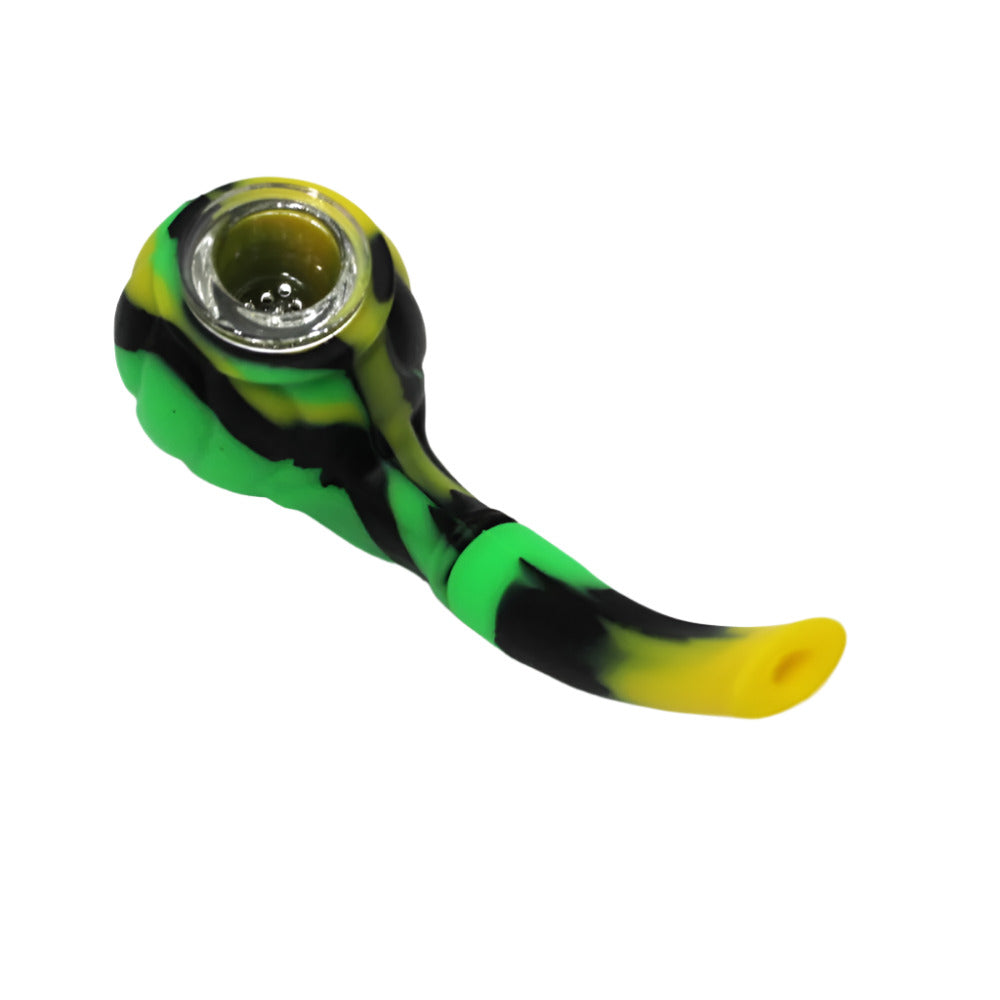 Multi-color silicone Sherlock-style pipe with glass bowl, flexible durable construction, and detachable easy-to-maintain design.