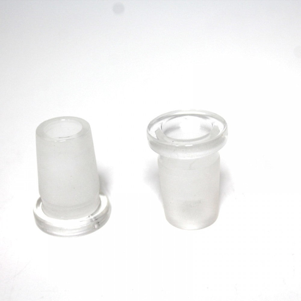 Short glass downstem adapter 18MM male to 14MM female made from heat resistant glass for smooth airflow and secure fit.