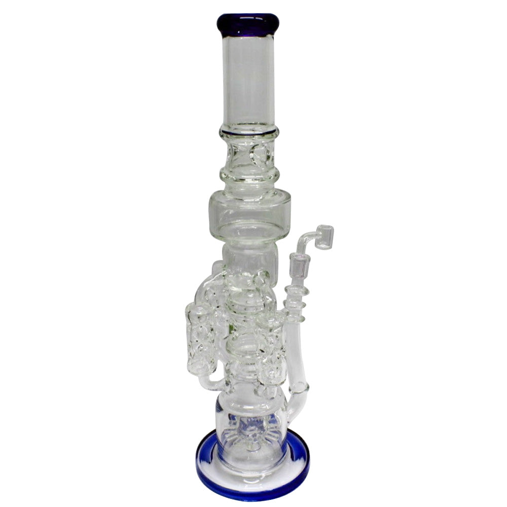 Shower head percolator water pipe with three handled design heavy-duty glass construction and advanced filtration system for smooth and cool smoking experience.