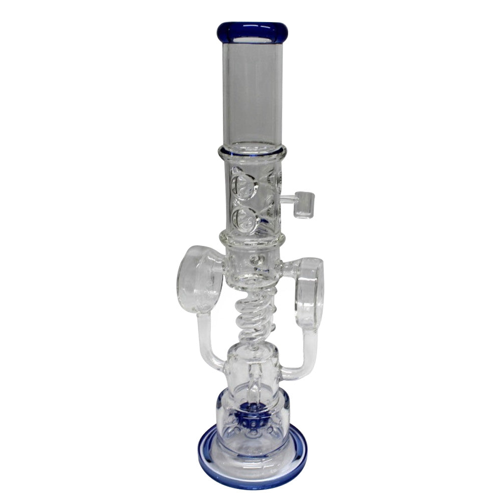 Showerhead percolator water pipe with coil design featuring durable glass construction advanced filtration system and smooth airflow for cool and clean hits.