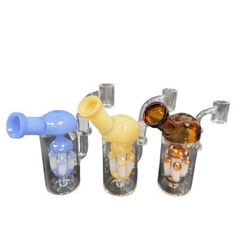 Side arm mushroom percolator dab rig water pipe with 14mm male banger, designed for smooth filtration, enhanced airflow, and clean vapor delivery.