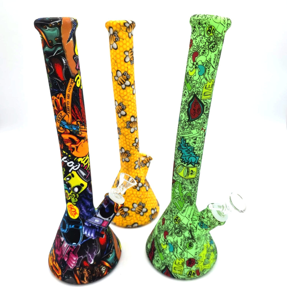 Silicon Beaker Printed Colour Water Pipe durable glass bong with vibrant printed colour design, beaker base, and smooth water filtration for cool, clean hits.