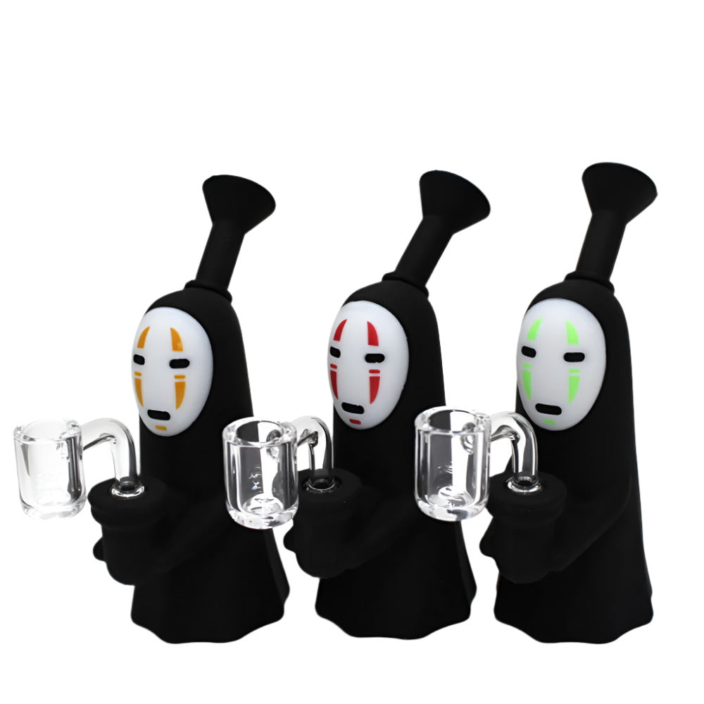Black and white silicone dab rig water pipe with 14mm male banger, durable heat-resistant design for smooth airflow and easy cleaning use.