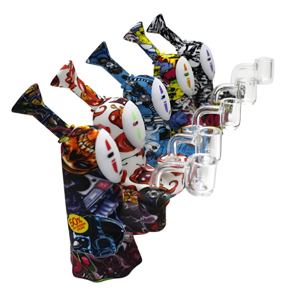 Silicon Multi Print Color Dab Rig Water Pipe with 14mm Male Banger, durable silicone dab rig featuring colorful printed design and quartz banger for concentrates.
