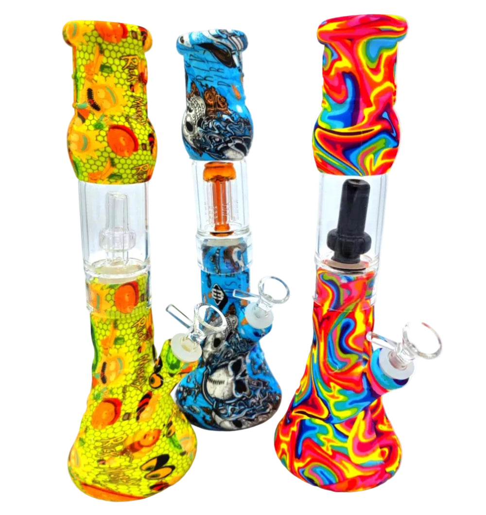 Silicon Printed Design Glass Percolator Showerhead Water Pipe durable glass bong featuring showerhead percolator for smooth filtration, clean hits, and stylish printed silicone design.