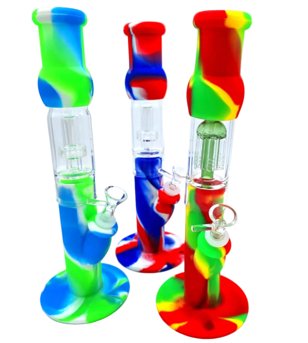 Silicon Round Base Straight Glass Percolator Showerhead Water Pipe durable straight glass water pipe with showerhead percolator, round base, and smooth filtration for clean hits.