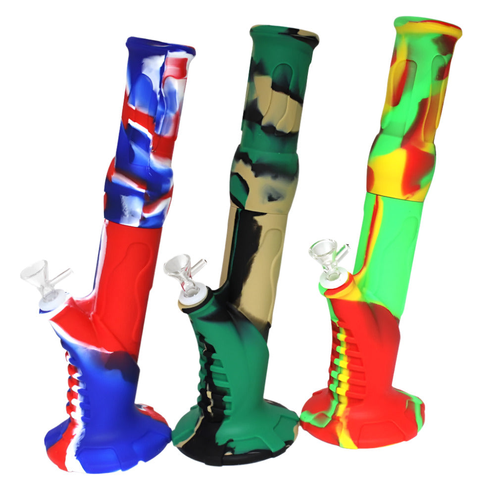 Silicone 2 part multi color water pipe with 14mm male bowl, durable heat-resistant design featuring detachable parts for easy cleaning and smooth airflow.
