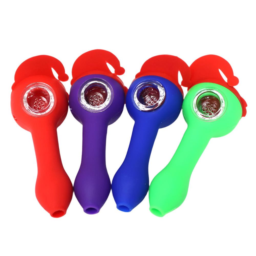 Silicone assorted color hand pipe with glass bowl, durable heat-resistant shockproof design with smooth airflow and compact portable smoking accessory.