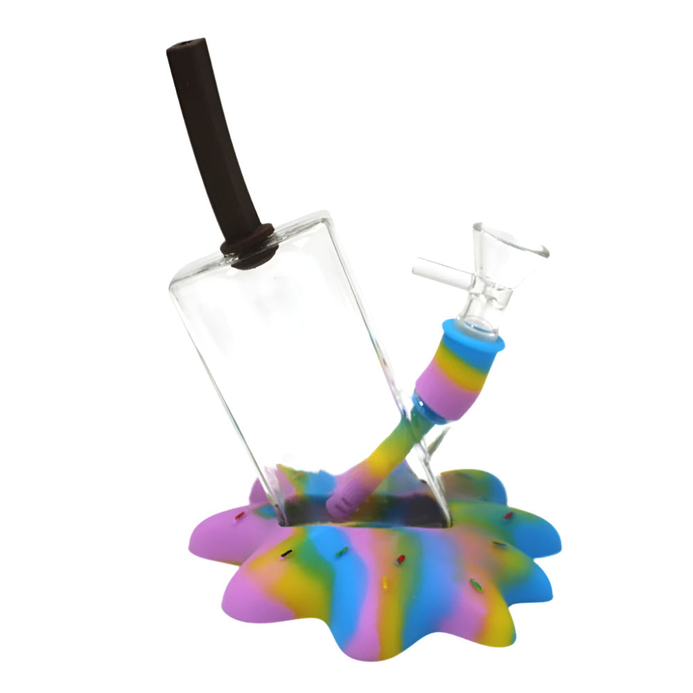 Silicone base multi-color glass juice box style water pipe featuring a creative beverage carton design, durable construction, and smooth filtration.