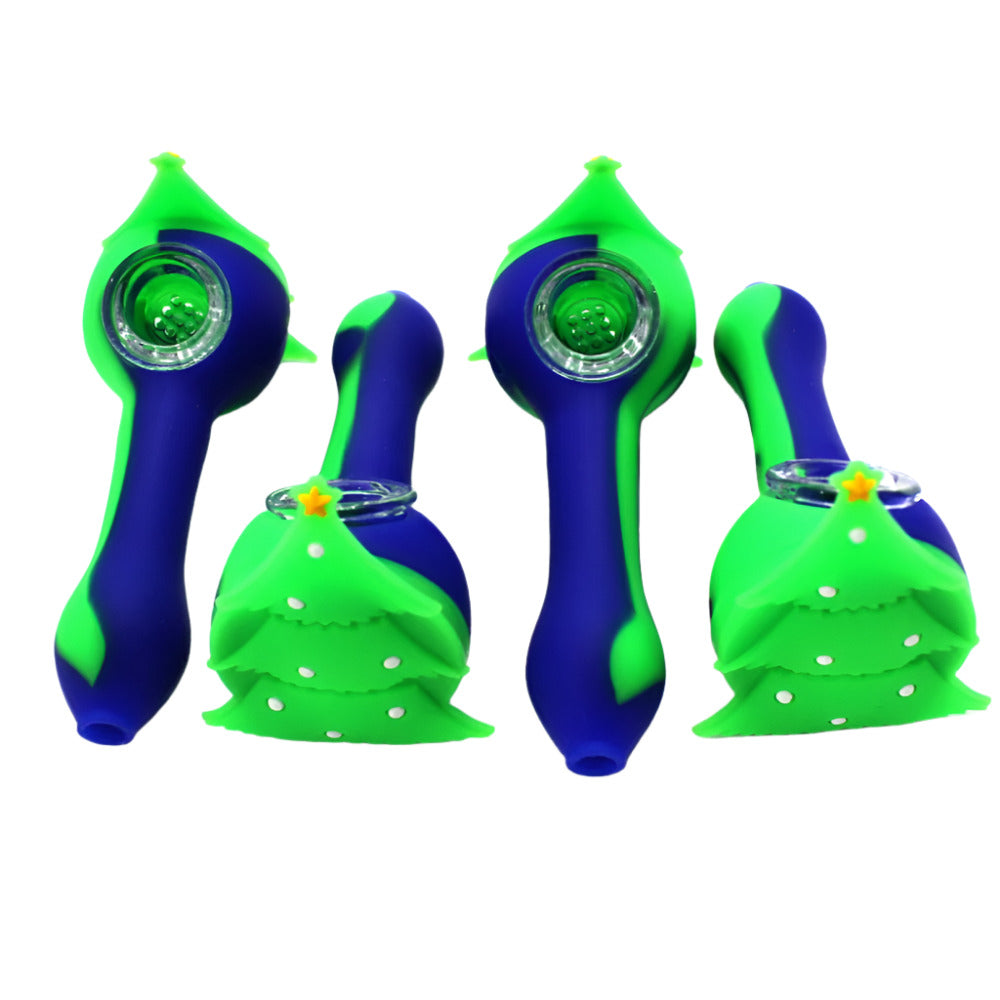 Silicone blue and green color hand pipe with glass bowl, durable heat-resistant shockproof design with smooth airflow and compact portable smoking accessory.