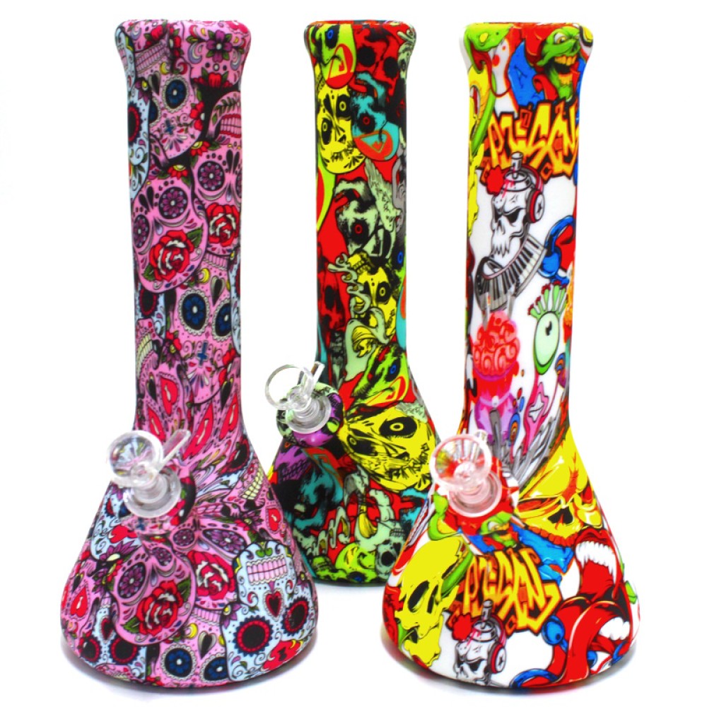 Silicone color printed art beaker water pipe with printed artwork design, durable heat-resistant silicone body and stable beaker base for smooth use.