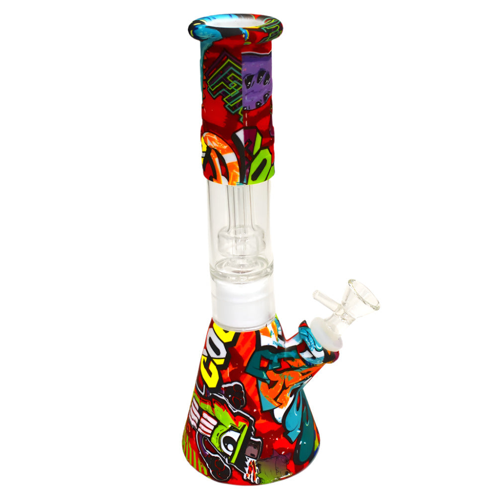 Silicone color printed beaker water pipe with glass percolator, durable silicone construction with vibrant printed design and built-in glass percolator for smooth, filtered hits.